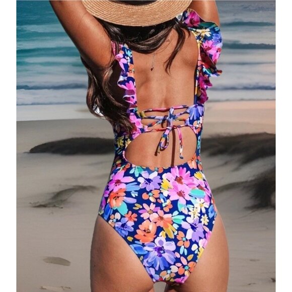 Cupshe Women’s One-Piece Swimsuit Small Multicolor Floral V-Neck Ruffle Tie Back - Picture 2 of 7